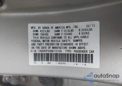 2013 Honda Accord Sport z USA, uszkodzony, nr VIN 1HGCR2F55DA110108